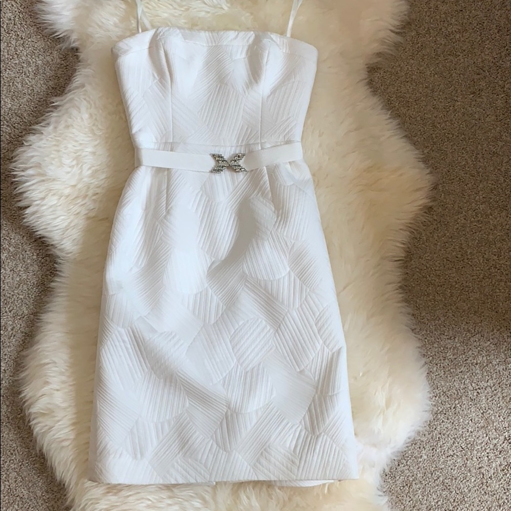 BCBG Maxazria, white, strapless dress